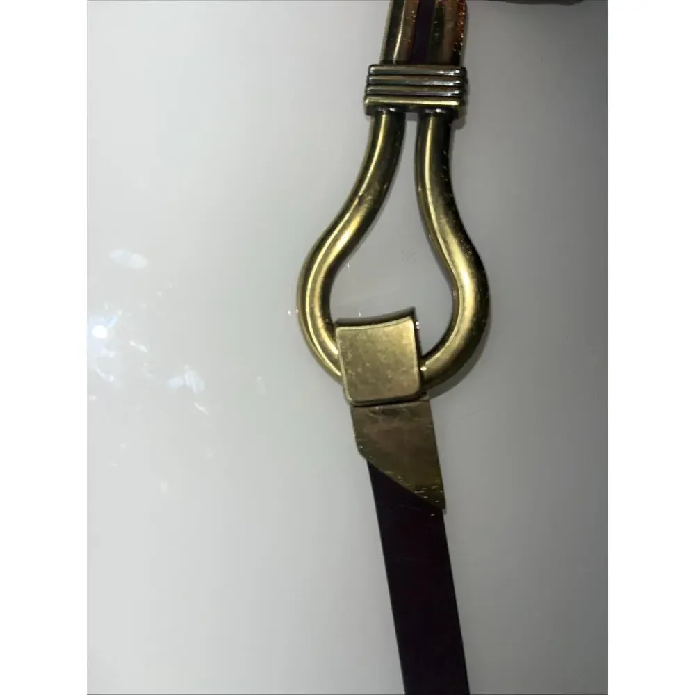 Chico's Boho Skinny Leather Belt, Adjustable Gold Toned Equestrian Hook Clasp